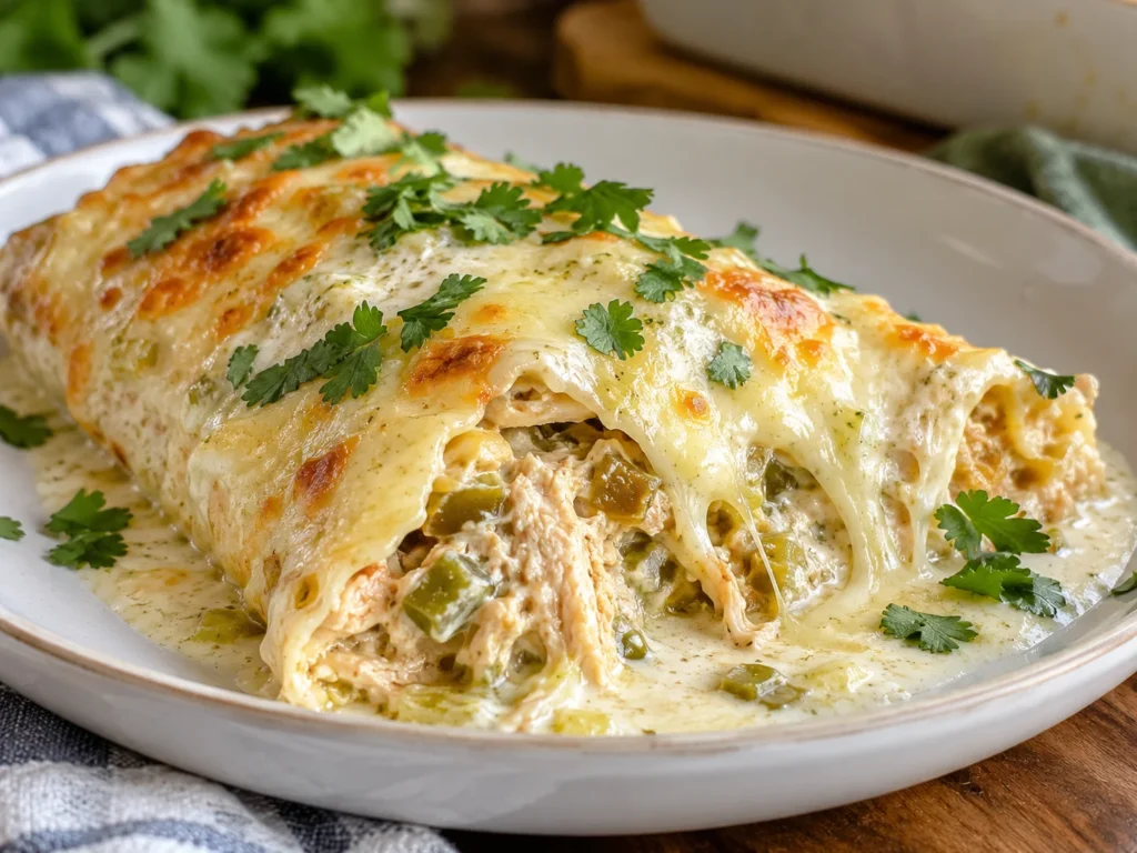 Cross-section of a white chicken enchilada showing creamy filling